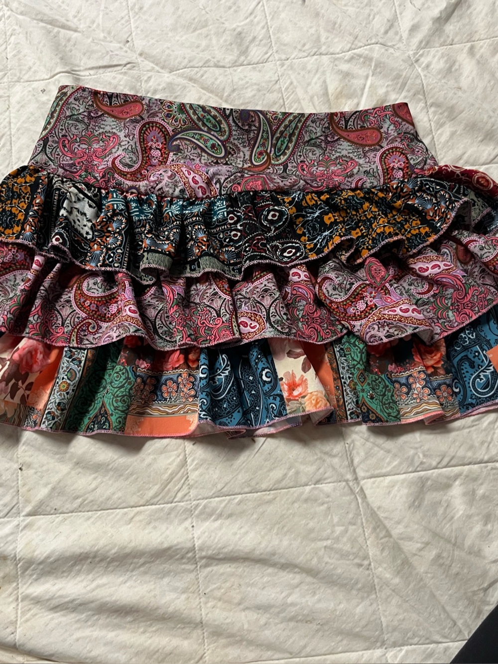 Ruffled Multi-Print Paisley Mini Skirt - Pink Multi